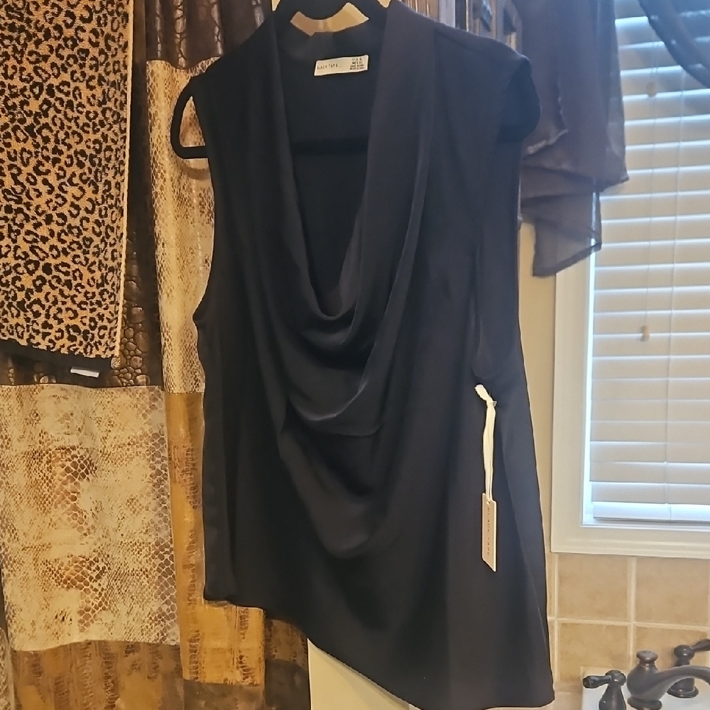 Chic Black Drape Neck Blouse